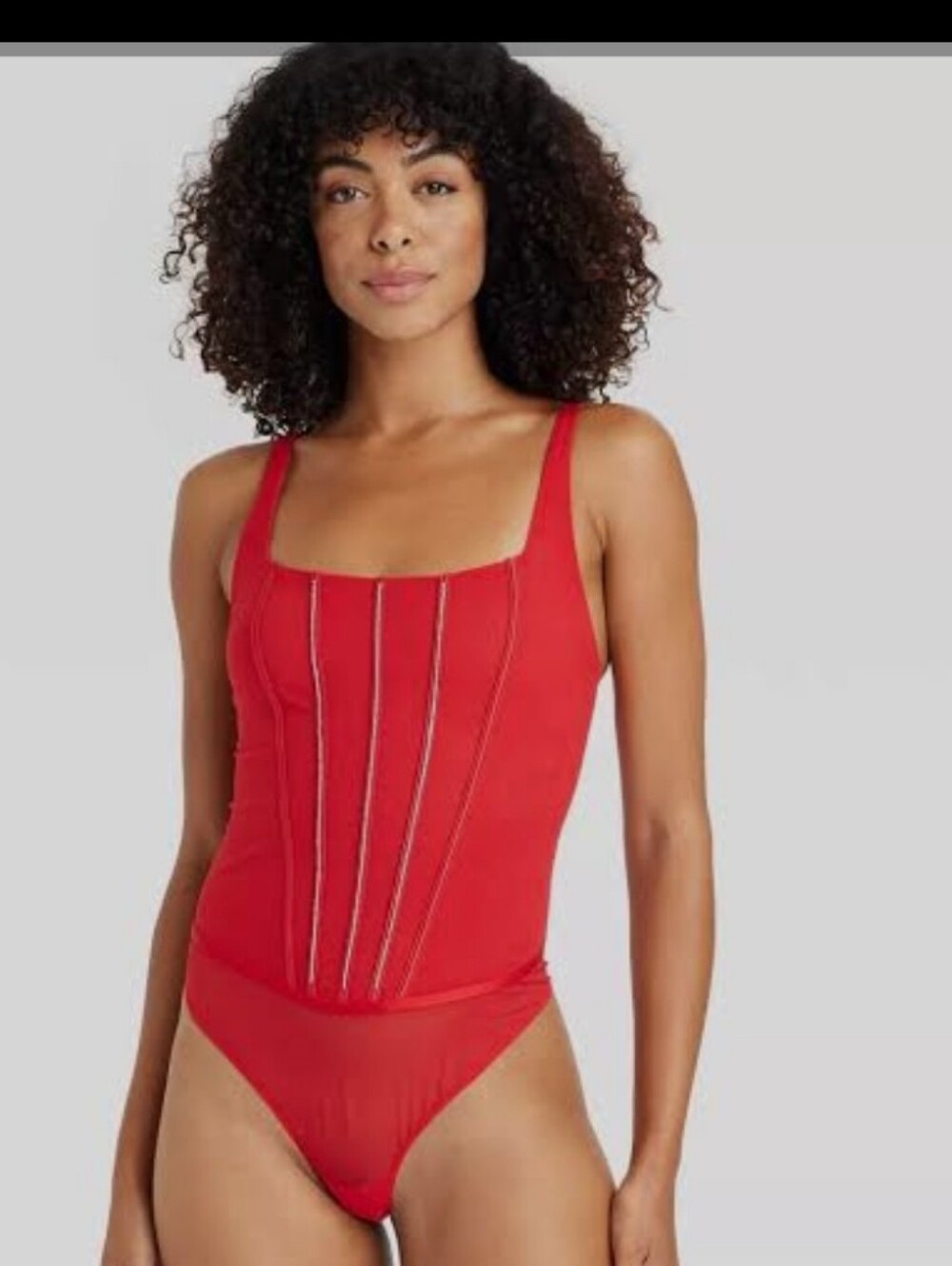 Auden Red Sheer Mesh Bodysuit with Front Trim